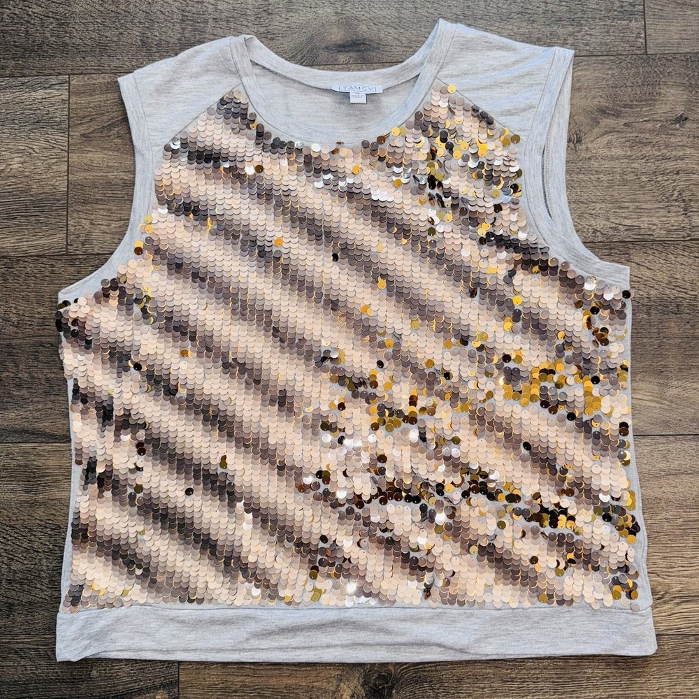 Tamsy Women Gray Blouse 2X Tank Sequin Sleeveless Beaded Holiday Party Coachella